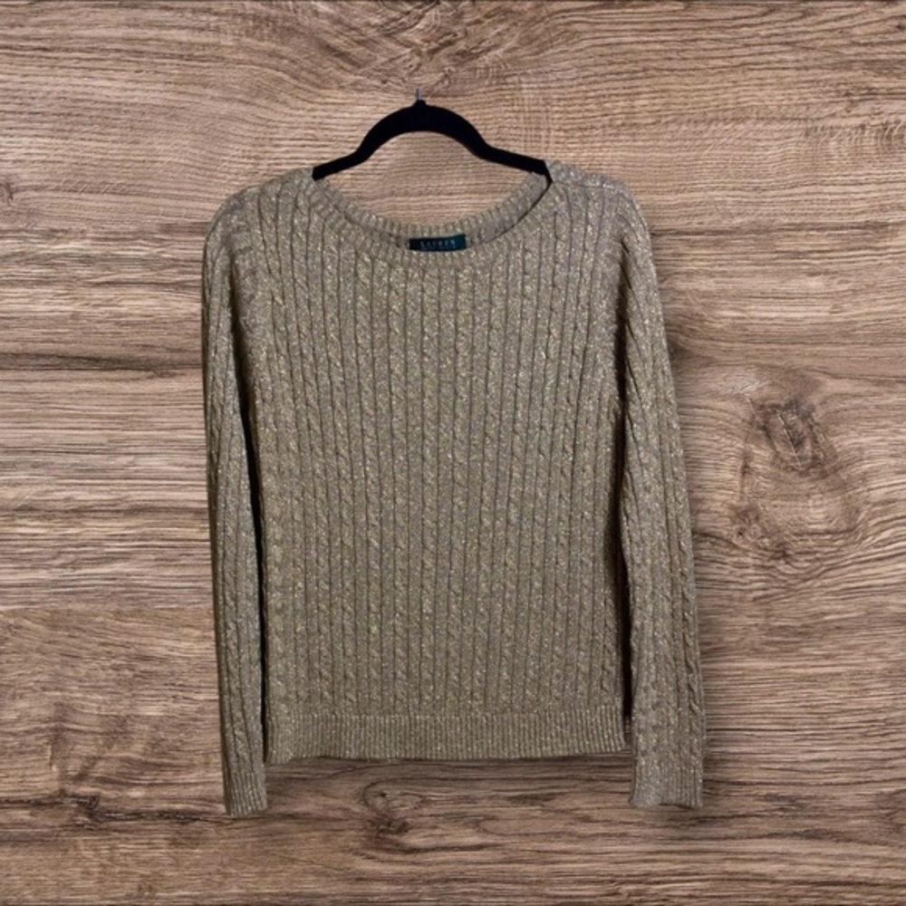 Lauren Ralph Lauren metallic gold cableknit sweater. Silk blend. Large.